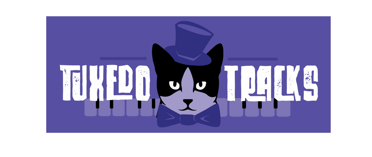 Logo with a cat wearing a top hat and bow tie on a purple background